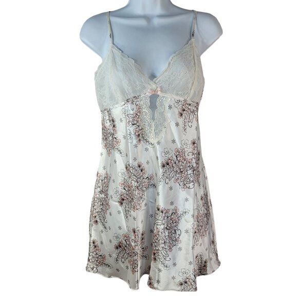 Morgan Taylor Satin Chemise White Pink Medium Lace Lingerie Adj Floral Nightie - Picture 1 of 8